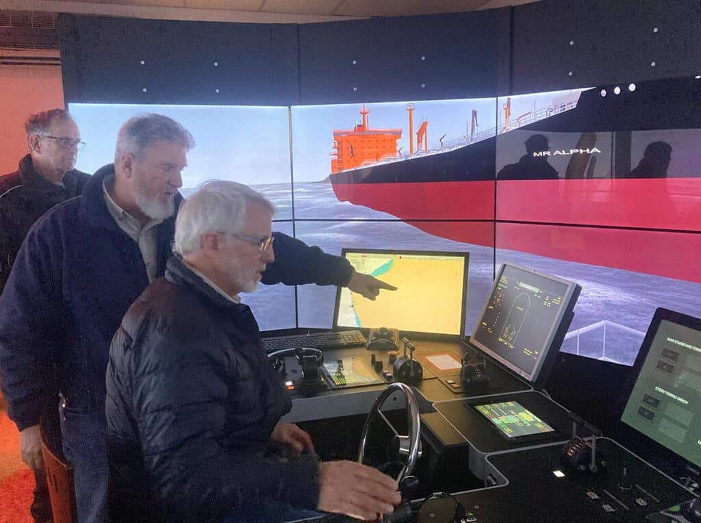 Man training on a ship simulator